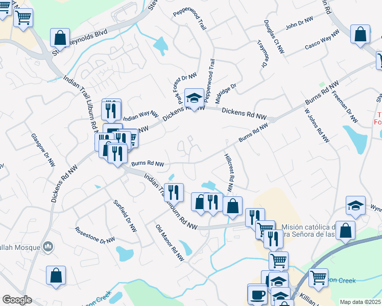 map of restaurants, bars, coffee shops, grocery stores, and more near 4853 Burns Road Northwest in Lilburn
