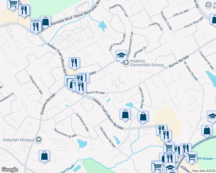 map of restaurants, bars, coffee shops, grocery stores, and more near 905 Burns Walk Court Northwest in Lilburn
