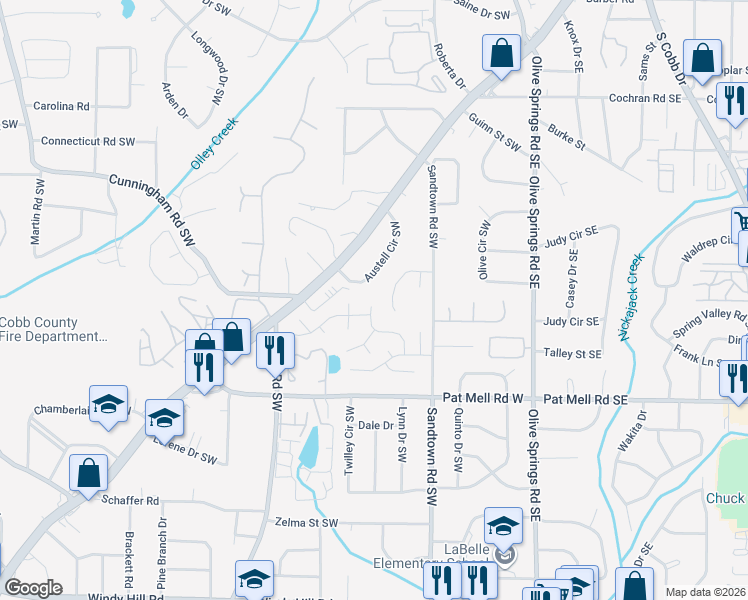 map of restaurants, bars, coffee shops, grocery stores, and more near 212 Ripple Creek Drive Southwest in Marietta