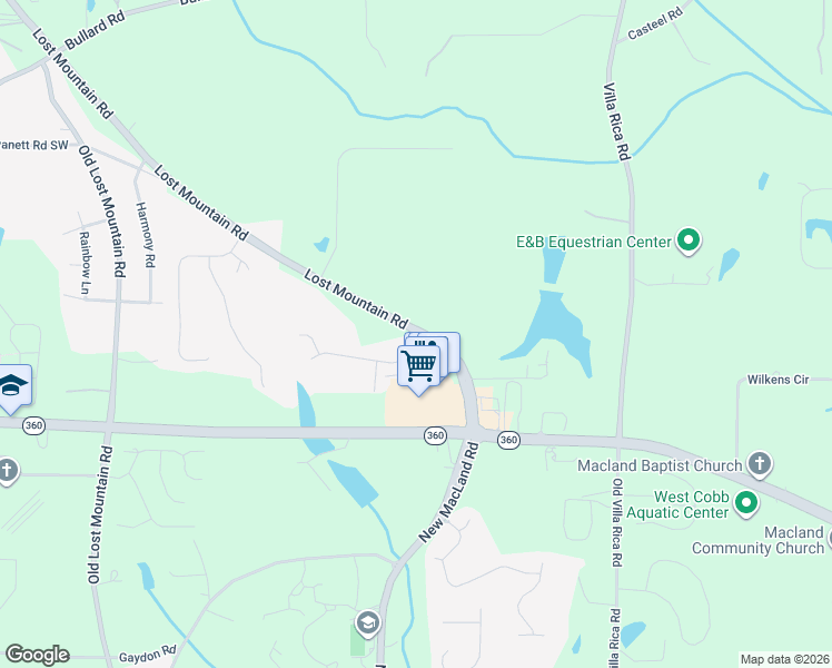 map of restaurants, bars, coffee shops, grocery stores, and more near Thayer Drive Southwest in Cobb County
