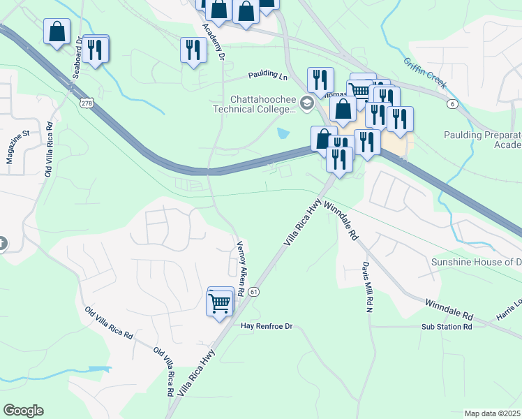 map of restaurants, bars, coffee shops, grocery stores, and more near 204 Villa Rica Highway in Dallas