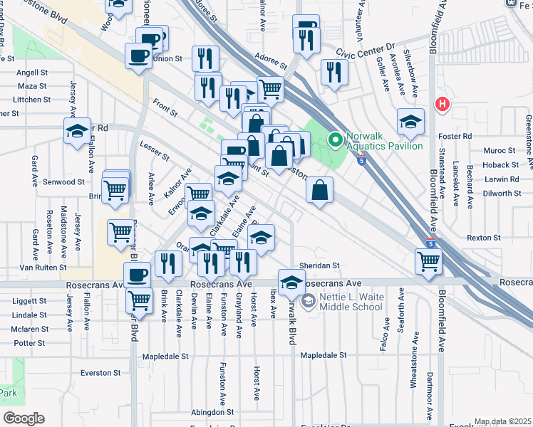 map of restaurants, bars, coffee shops, grocery stores, and more near 12122 Foster Road in Norwalk