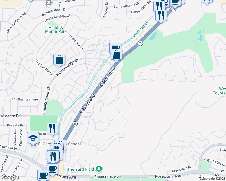 map of restaurants, bars, coffee shops, grocery stores, and more near 13826 Monterey Lane in La Mirada