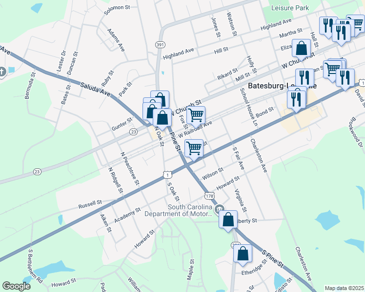 map of restaurants, bars, coffee shops, grocery stores, and more near 21 Pine St in Batesburg-Leesville