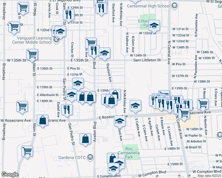 map of restaurants, bars, coffee shops, grocery stores, and more near 13825 Stanford Avenue in Los Angeles