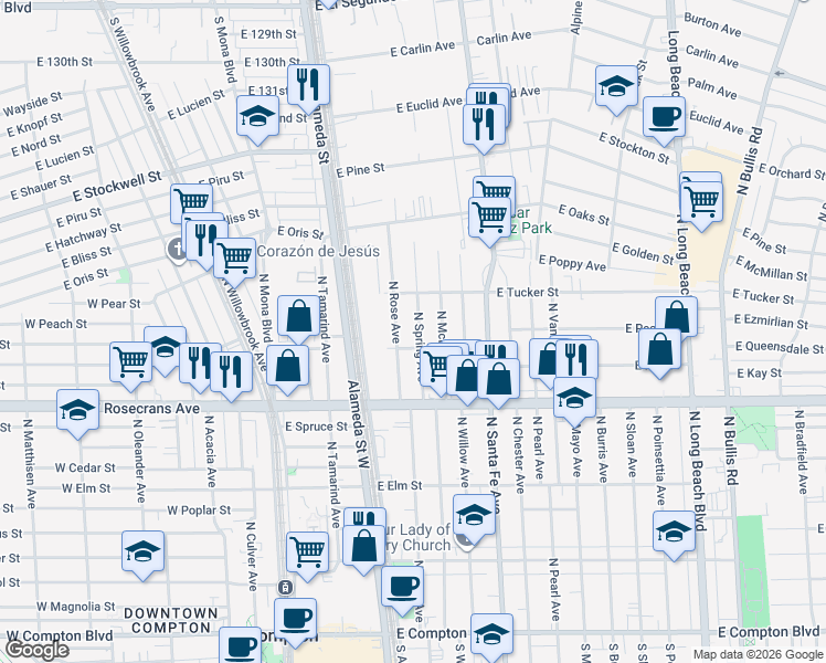 map of restaurants, bars, coffee shops, grocery stores, and more near 1415 North Spring Avenue in Compton
