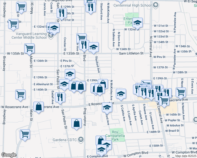 map of restaurants, bars, coffee shops, grocery stores, and more near 13825 Stanford Avenue in Los Angeles