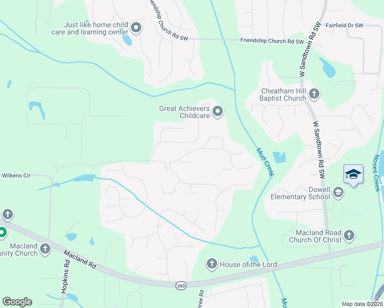 map of restaurants, bars, coffee shops, grocery stores, and more near 1833 Hannah Place in Powder Springs