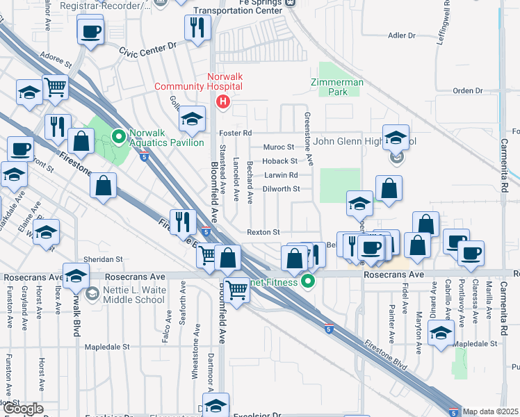 map of restaurants, bars, coffee shops, grocery stores, and more near 13807 Wilder Avenue in Norwalk