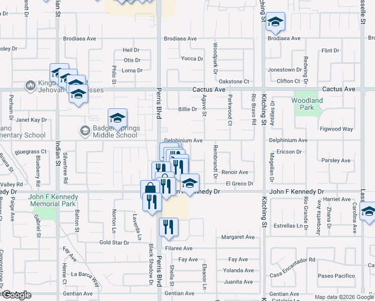 map of restaurants, bars, coffee shops, grocery stores, and more near 14807 Casa Loma Drive in Moreno Valley
