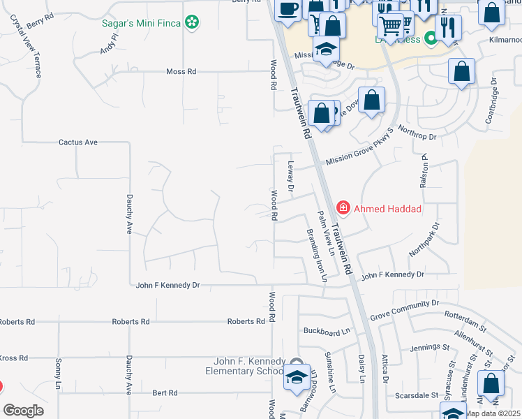 map of restaurants, bars, coffee shops, grocery stores, and more near 14787 Wood Road in Riverside