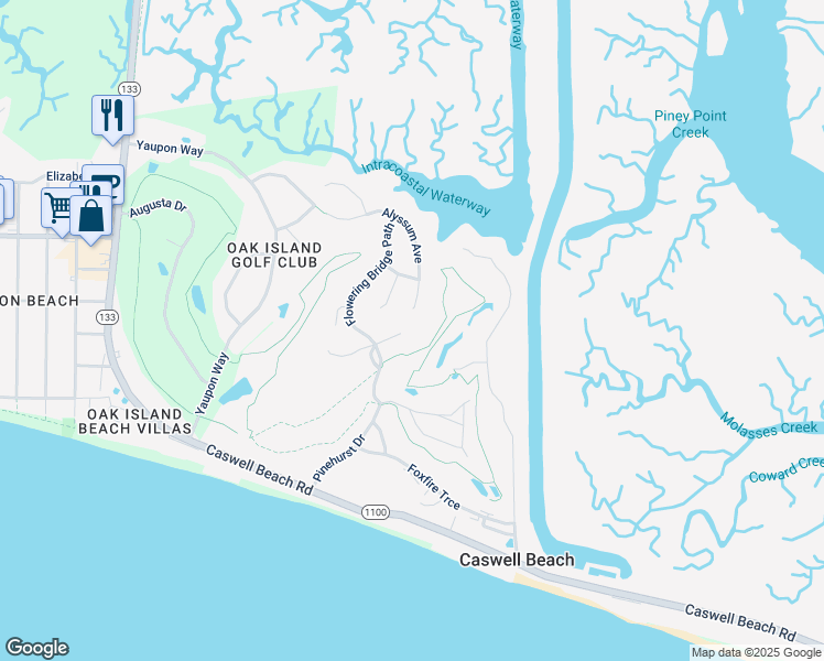 map of restaurants, bars, coffee shops, grocery stores, and more near 301 Wisteria Way in Caswell Beach