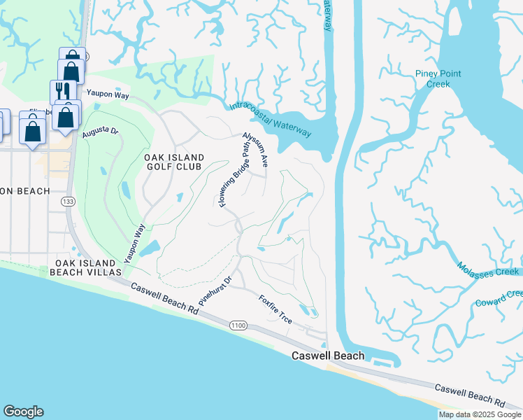 map of restaurants, bars, coffee shops, grocery stores, and more near 301 Wisteria Way in Caswell Beach