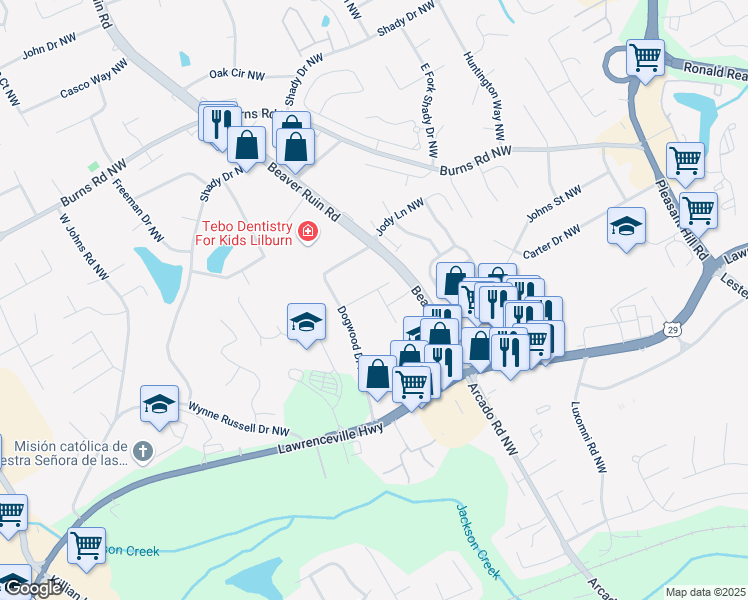 map of restaurants, bars, coffee shops, grocery stores, and more near 519 Beaver Ruin Way Northwest in Lilburn