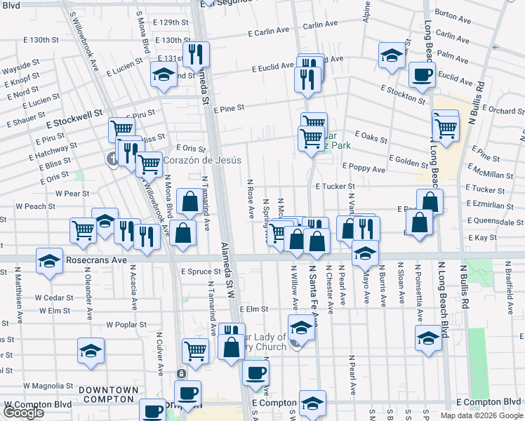 map of restaurants, bars, coffee shops, grocery stores, and more near 1415 North Spring Avenue in Compton