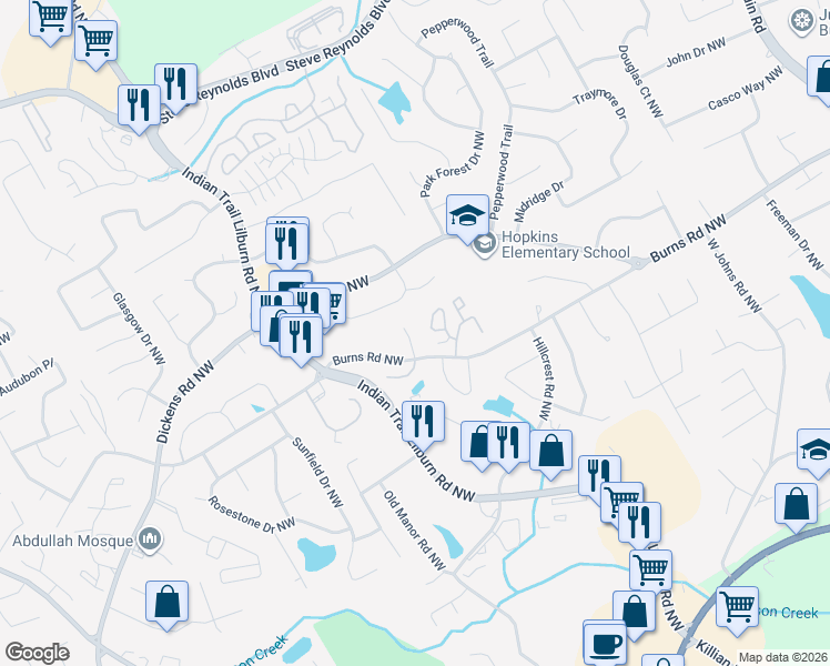 map of restaurants, bars, coffee shops, grocery stores, and more near 905 Burns Walk Court Northwest in Lilburn