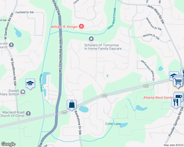 map of restaurants, bars, coffee shops, grocery stores, and more near 1948 Clay Drive Southwest in Marietta