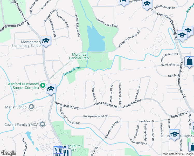 map of restaurants, bars, coffee shops, grocery stores, and more near 3910 Harts Mill Lane in Atlanta