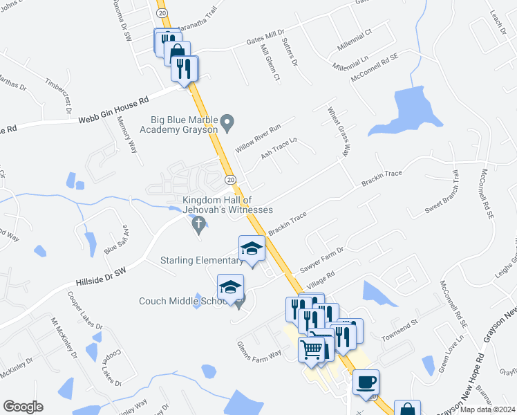 map of restaurants, bars, coffee shops, grocery stores, and more near 1730 Wheat Grass Way in Grayson