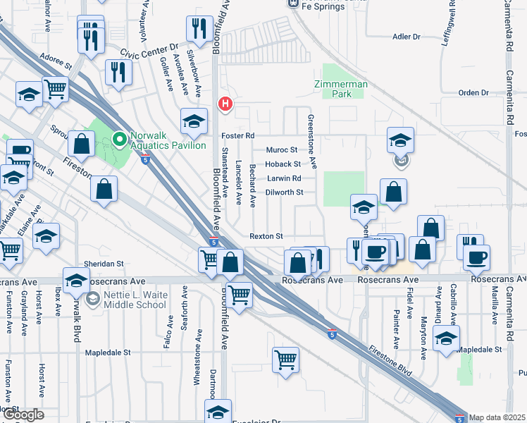 map of restaurants, bars, coffee shops, grocery stores, and more near 13807 Wilder Avenue in Norwalk