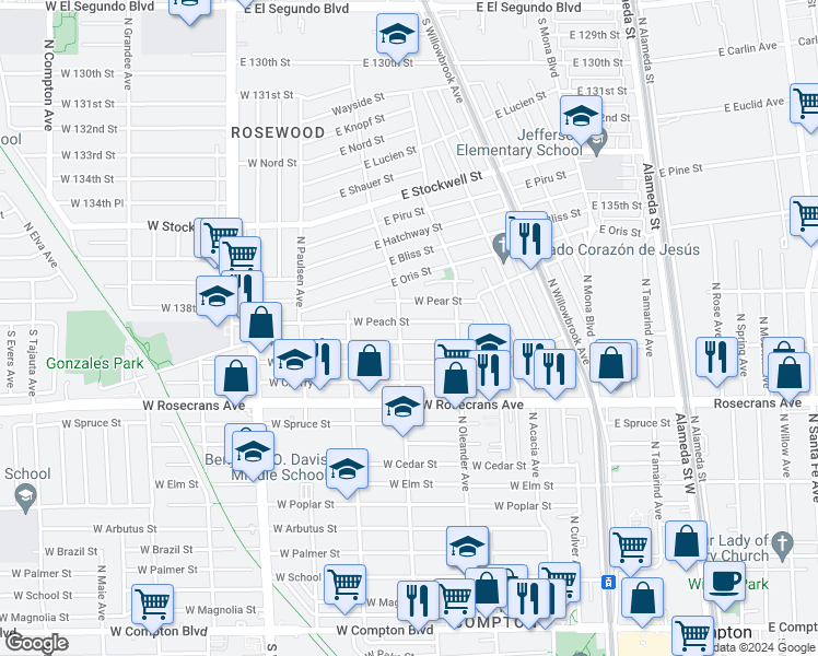 map of restaurants, bars, coffee shops, grocery stores, and more near 444 West Peach Street in Compton