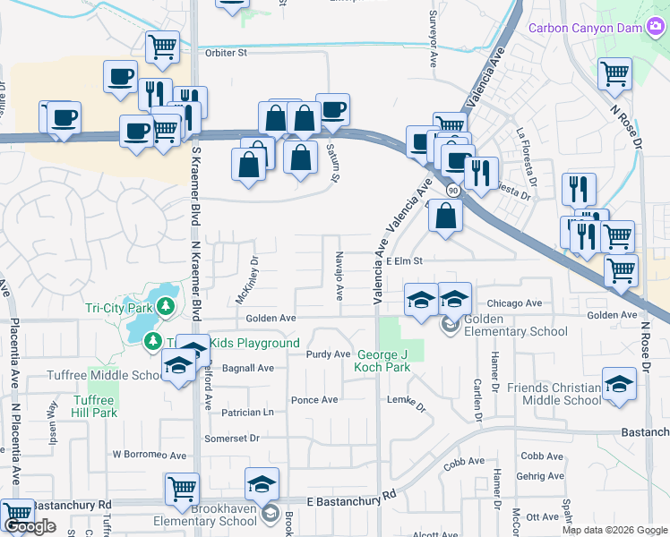 map of restaurants, bars, coffee shops, grocery stores, and more near 507 Comanche Drive in Placentia
