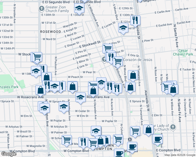 map of restaurants, bars, coffee shops, grocery stores, and more near 358 West Peach Street in Compton
