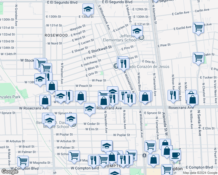 map of restaurants, bars, coffee shops, grocery stores, and more near 348 West Peach Street in Compton