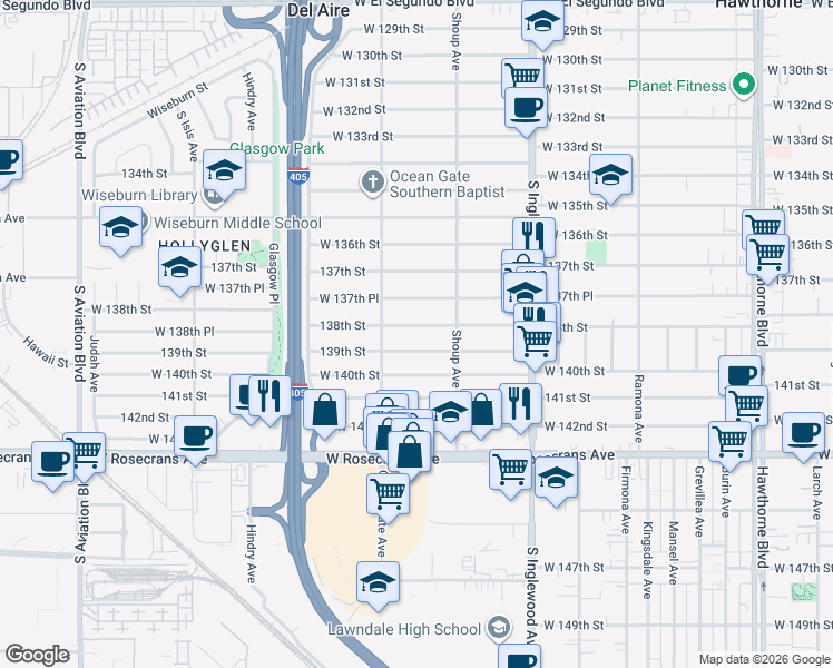 map of restaurants, bars, coffee shops, grocery stores, and more near 5004 138th Street in Hawthorne