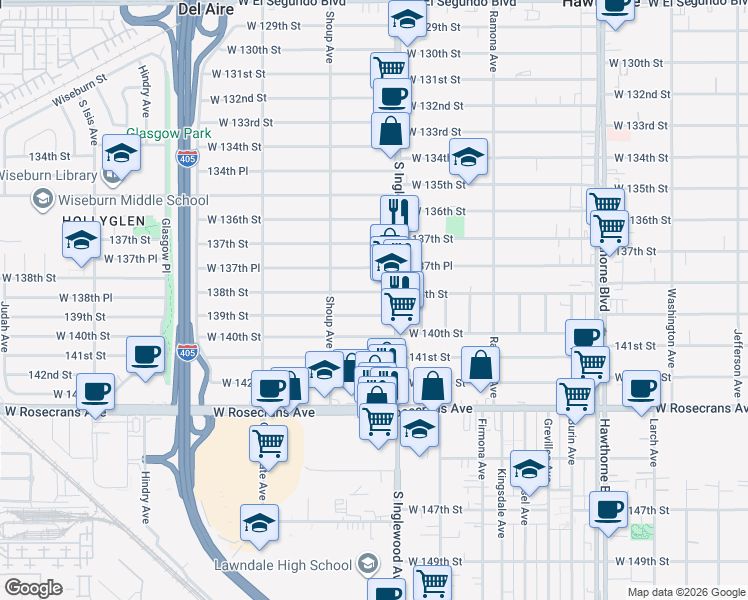 map of restaurants, bars, coffee shops, grocery stores, and more near 4828 138th Street in Hawthorne