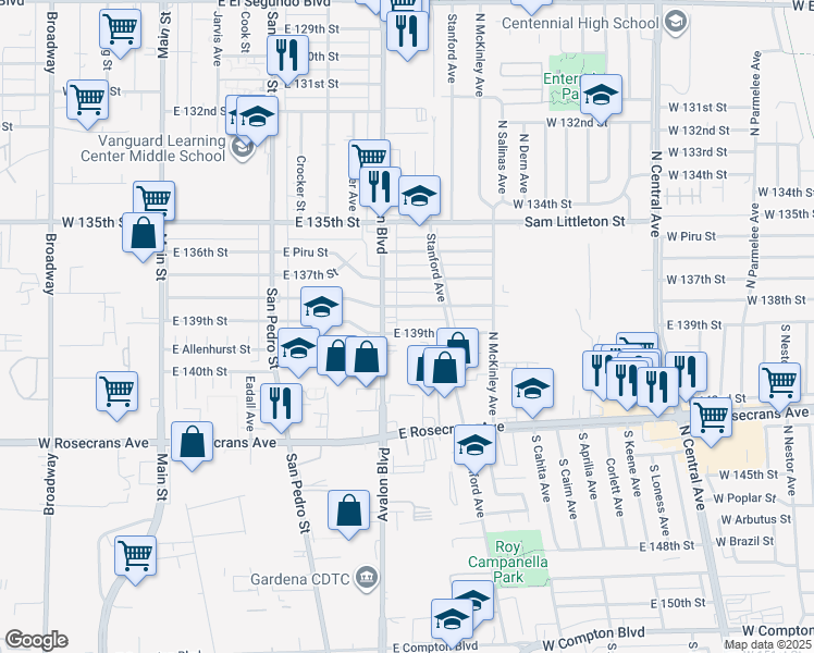 map of restaurants, bars, coffee shops, grocery stores, and more near 625 East 139th Street in Los Angeles