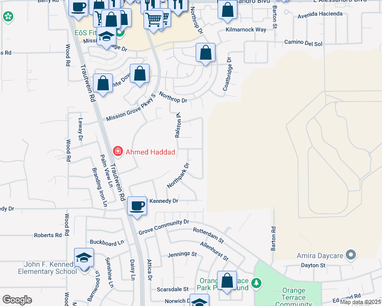 map of restaurants, bars, coffee shops, grocery stores, and more near 19617 Webster Road in Riverside
