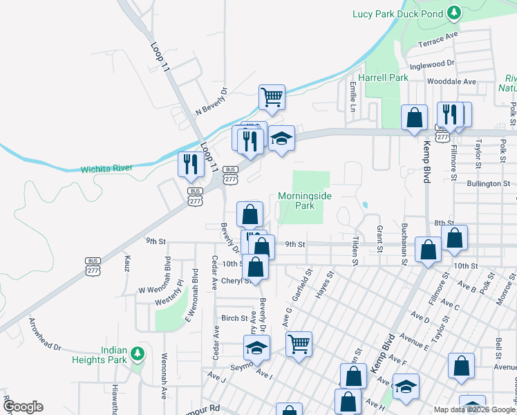 map of restaurants, bars, coffee shops, grocery stores, and more near 509 Beverly Drive in Wichita Falls