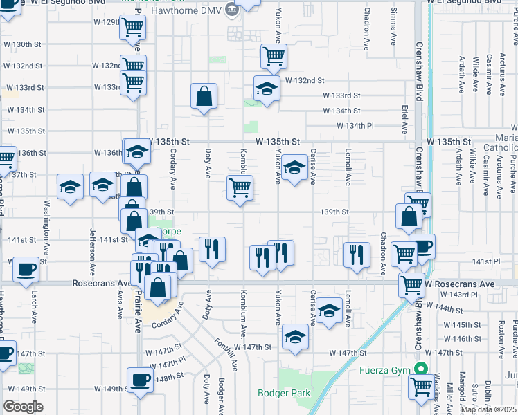 map of restaurants, bars, coffee shops, grocery stores, and more near 3637 West 139th Street in Hawthorne