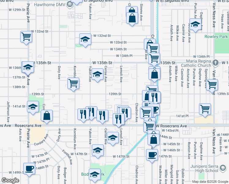 map of restaurants, bars, coffee shops, grocery stores, and more near 3325 West 139th Street in Hawthorne