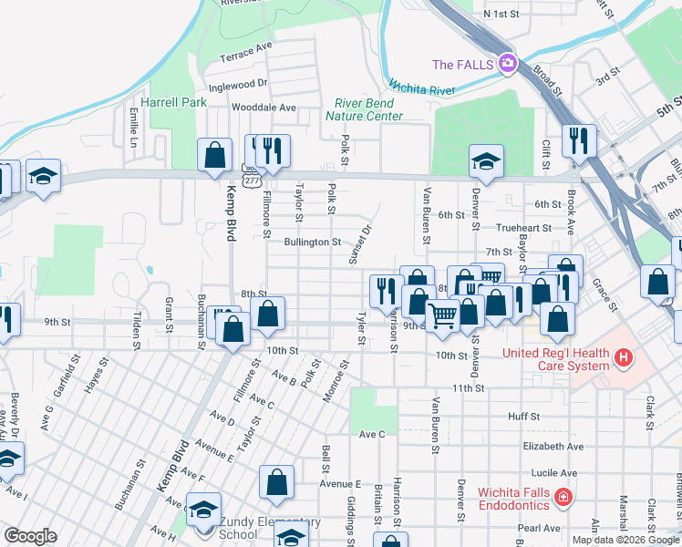 map of restaurants, bars, coffee shops, grocery stores, and more near 622 Sunset Drive in Wichita Falls