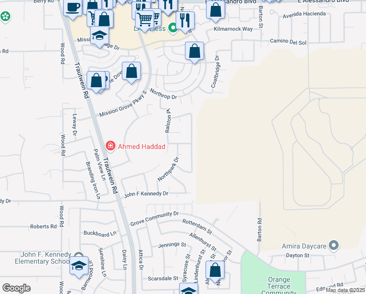 map of restaurants, bars, coffee shops, grocery stores, and more near 19643 Webster Road in Riverside