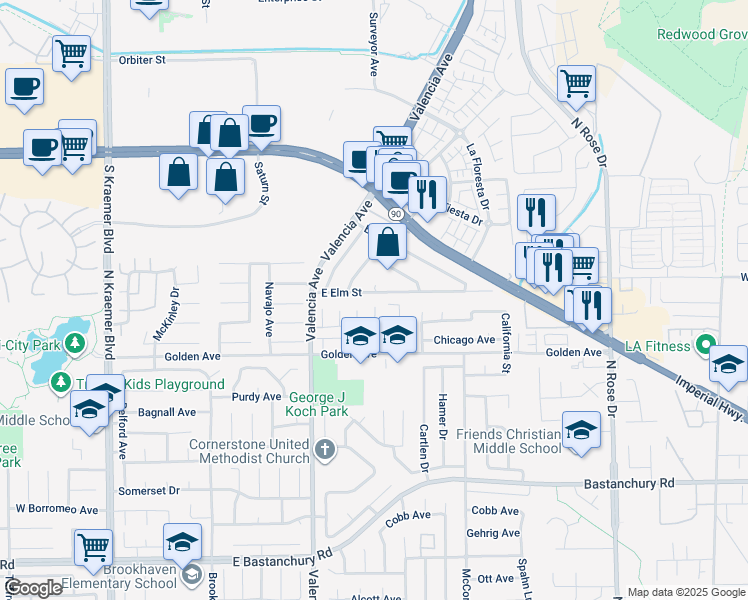 map of restaurants, bars, coffee shops, grocery stores, and more near 3290 East Elm Street in Brea
