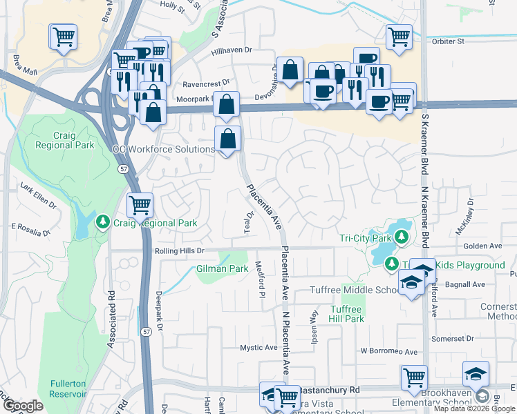 map of restaurants, bars, coffee shops, grocery stores, and more near 2890 Longspur Drive in Fullerton