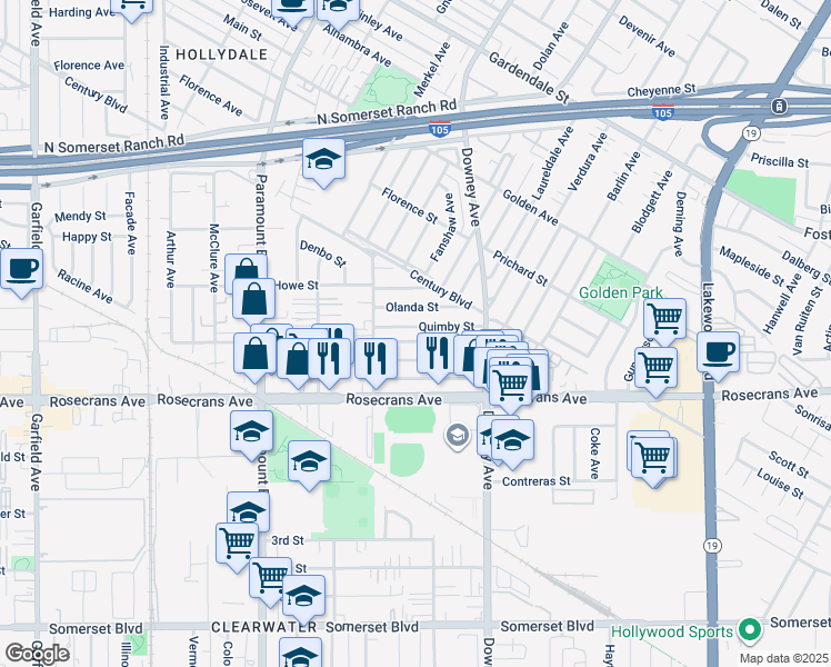 map of restaurants, bars, coffee shops, grocery stores, and more near 8327 Quimby Street in Paramount
