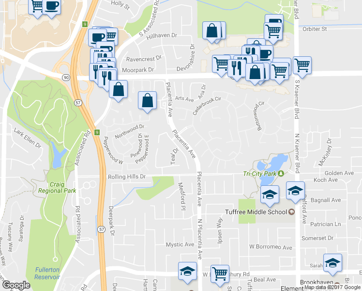 map of restaurants, bars, coffee shops, grocery stores, and more near 2890 Longspur Drive in Fullerton