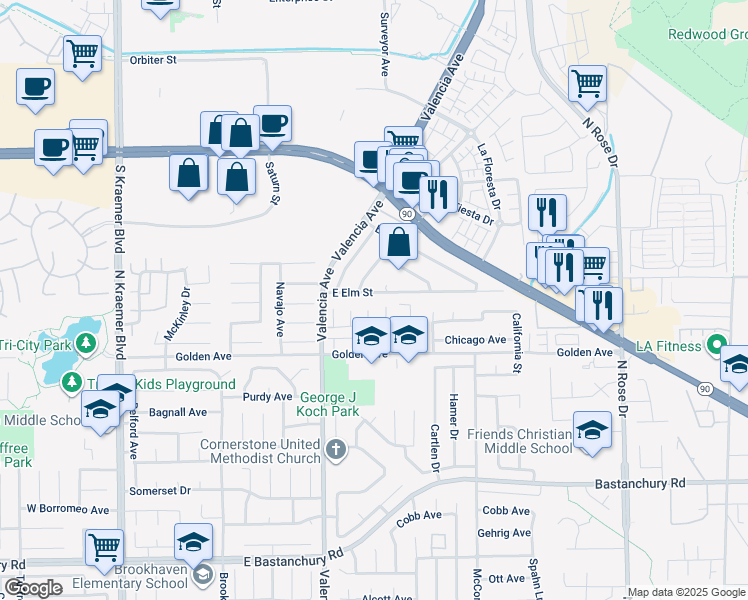 map of restaurants, bars, coffee shops, grocery stores, and more near 3250 East Elm Street in Brea
