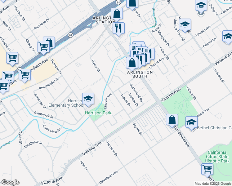 map of restaurants, bars, coffee shops, grocery stores, and more near 2890 Loyola Street in Riverside