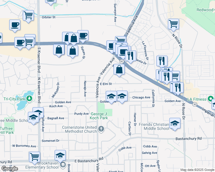 map of restaurants, bars, coffee shops, grocery stores, and more near 3200 East Elm Street in Brea