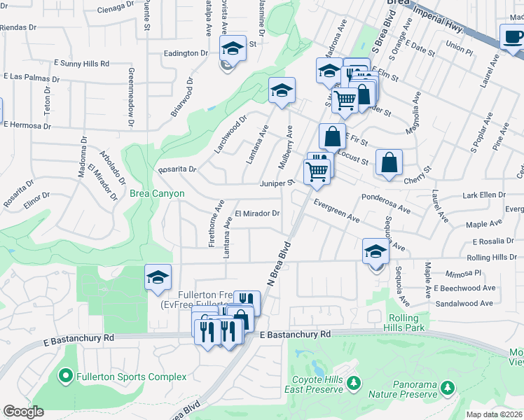 map of restaurants, bars, coffee shops, grocery stores, and more near 1024 Bernard Drive in Fullerton