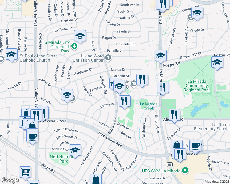 map of restaurants, bars, coffee shops, grocery stores, and more near in La Mirada