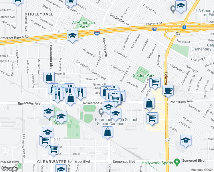 map of restaurants, bars, coffee shops, grocery stores, and more near in Paramount