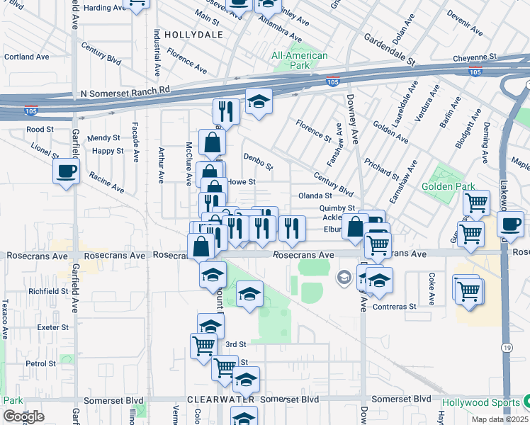 map of restaurants, bars, coffee shops, grocery stores, and more near 14039 Orizaba Avenue in Paramount
