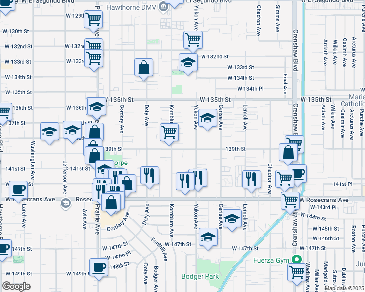 map of restaurants, bars, coffee shops, grocery stores, and more near 3637 139th Street in Hawthorne
