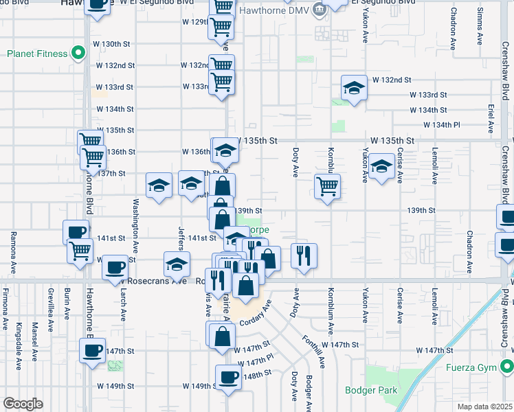 map of restaurants, bars, coffee shops, grocery stores, and more near 13759 Cordary Avenue in Hawthorne